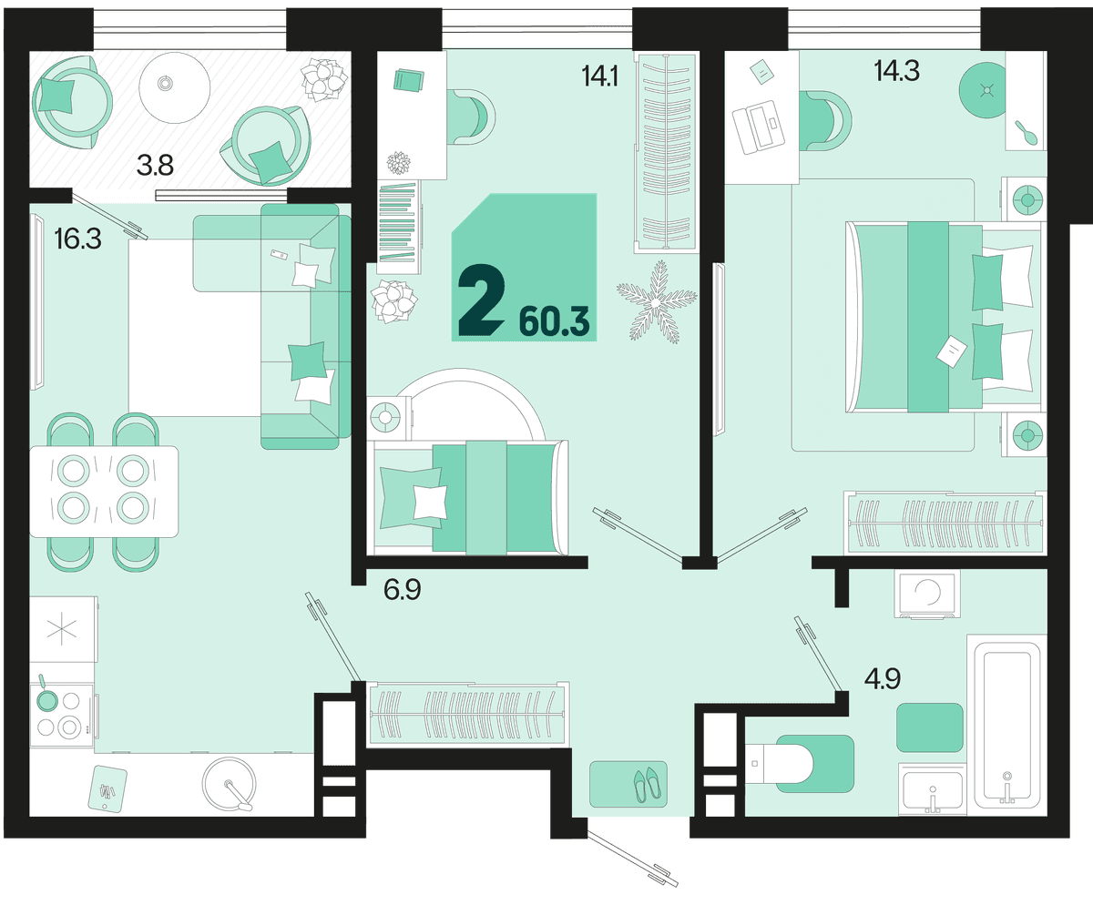2-к, 60.3 м² · Первое место