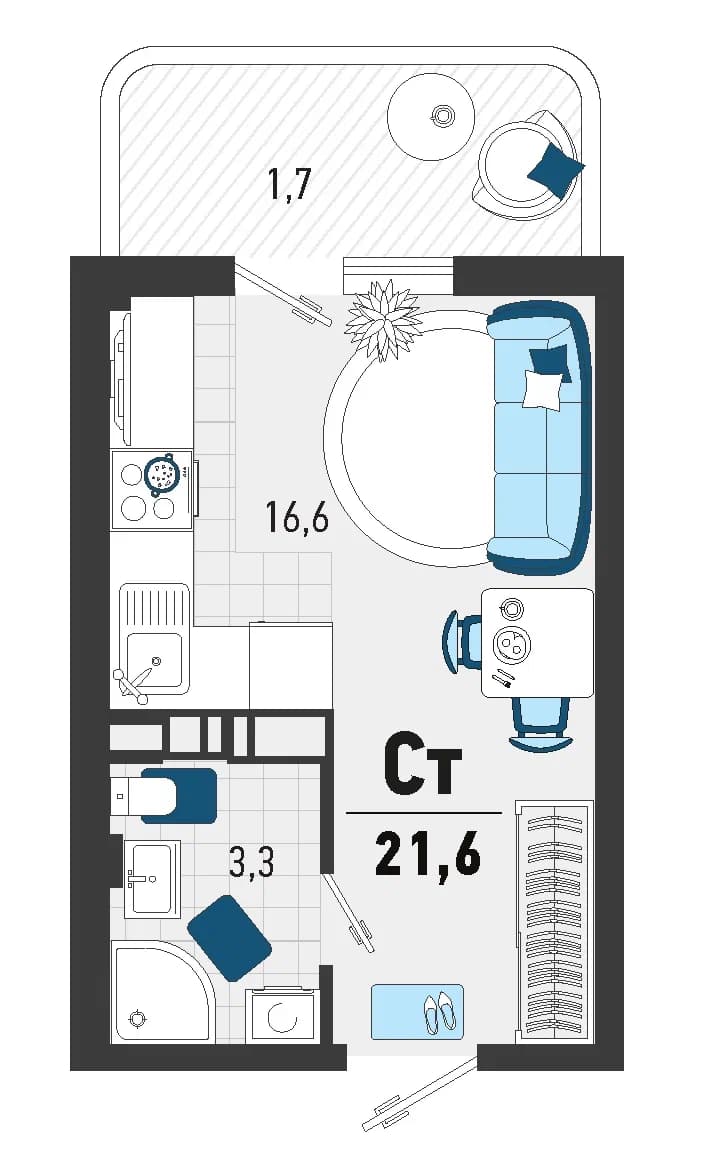 Студия, 19.7 м² · Монако