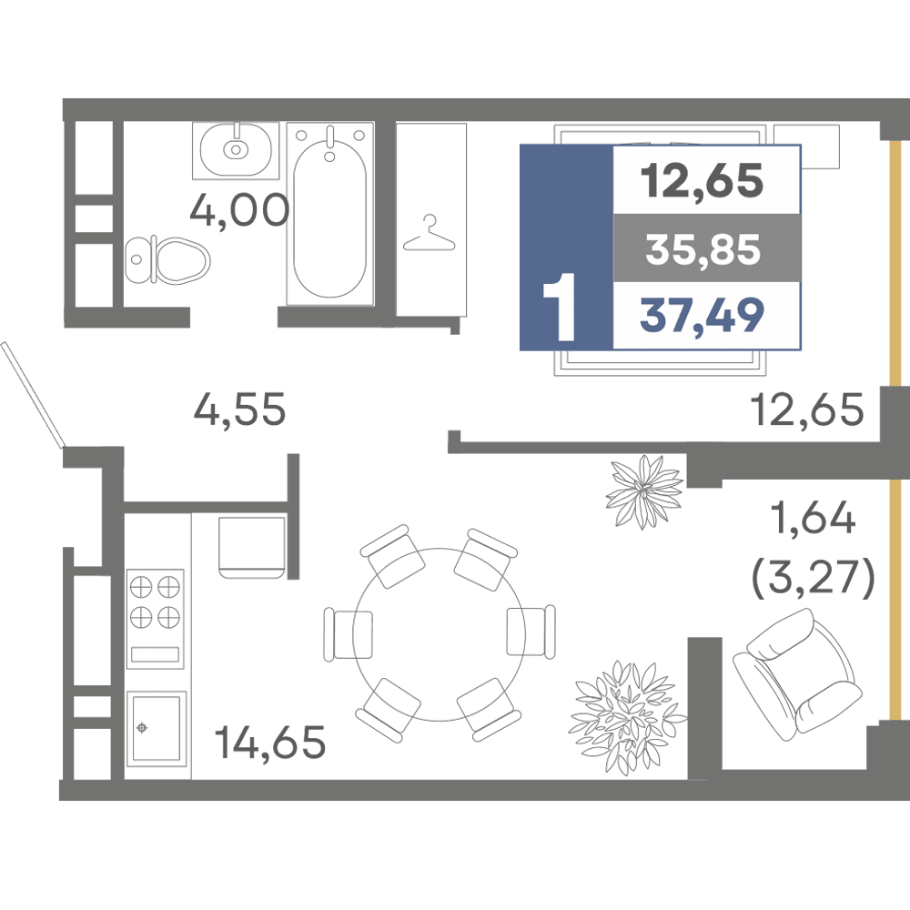 1-к, 37.49 м² · Миндаль