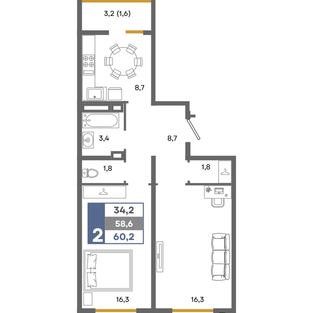 2-к, 60.2 м² · Прогресс