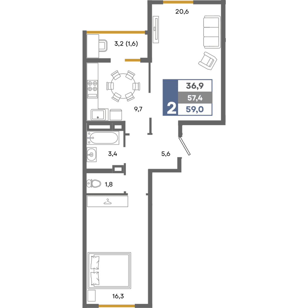 2-к, 59 м² · Прогресс