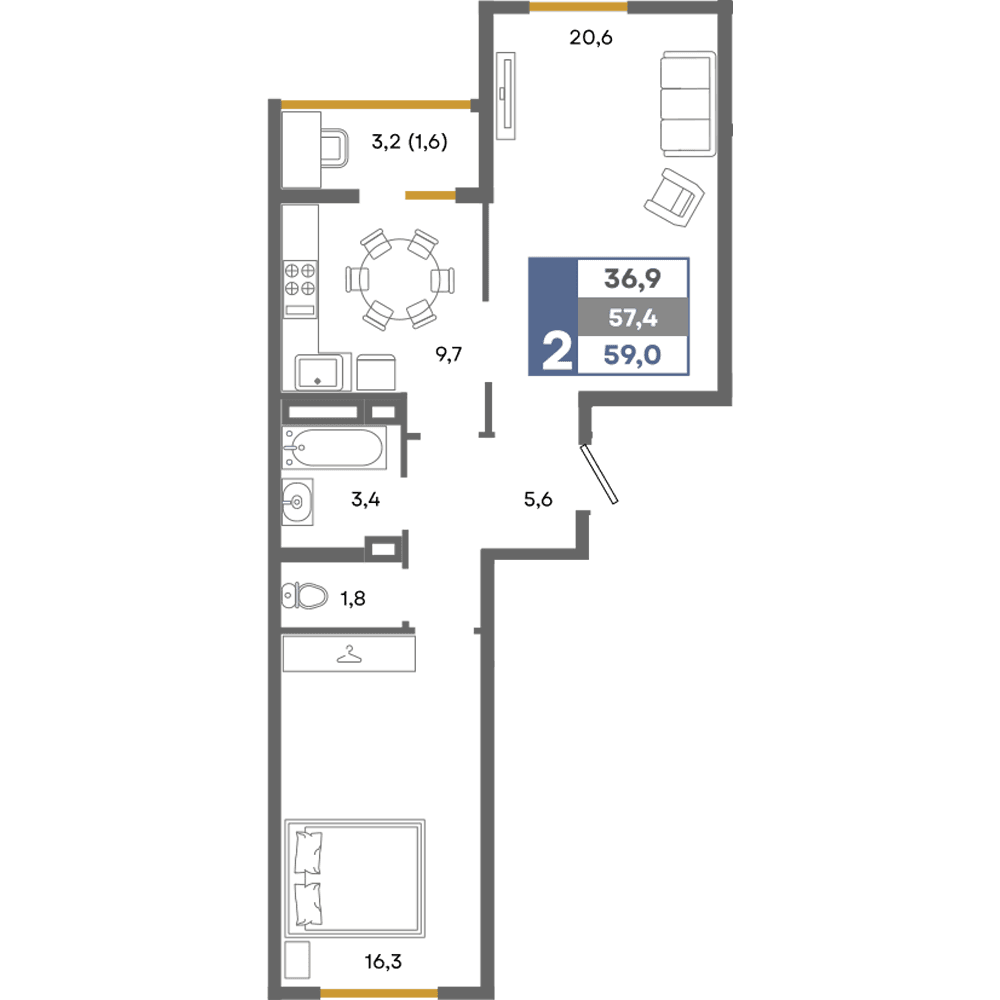 2-к, 59 м² · Прогресс
