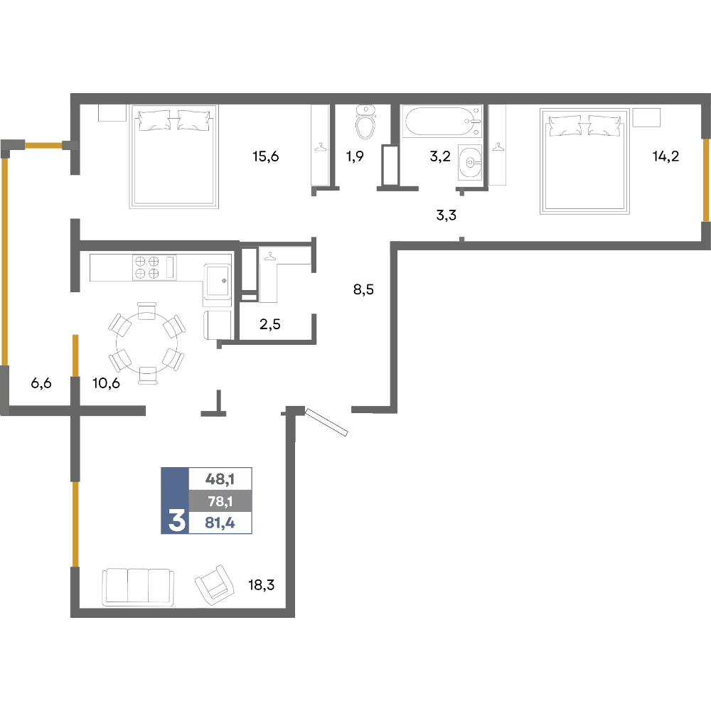 3-к, 81.4 м² · Прогресс
