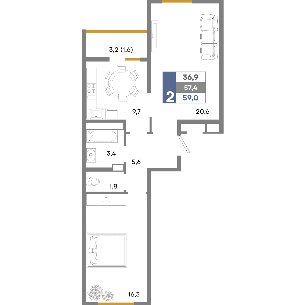 2-к, 59 м² · Прогресс