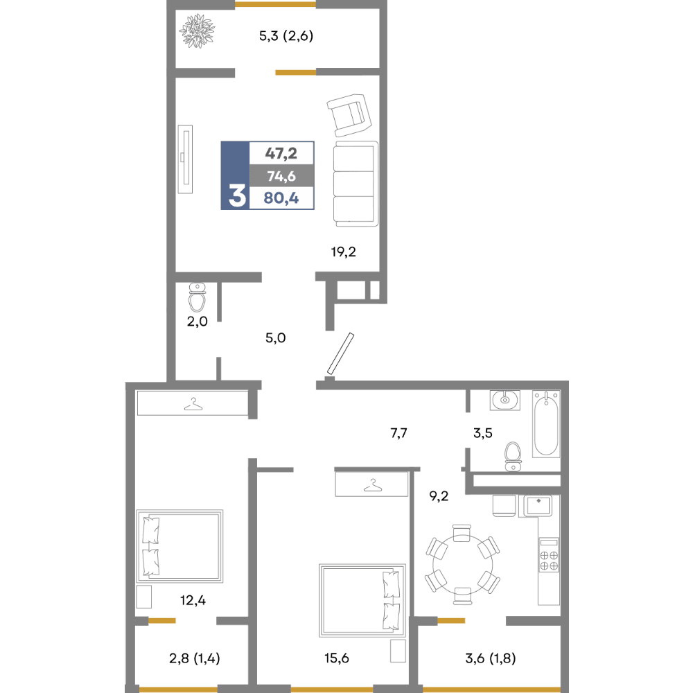3-к, 80.4 м² · Прогресс