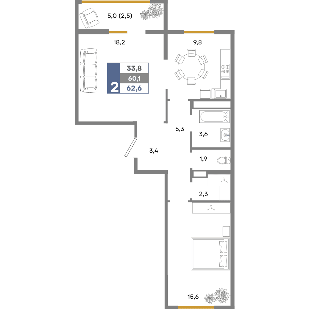 2-к, 62.6 м² · Прогресс