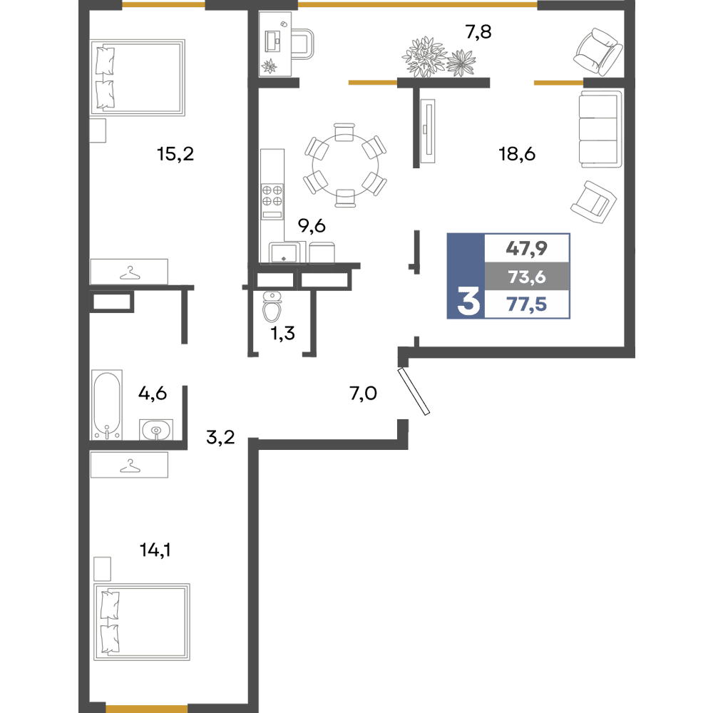 3-к, 77.5 м² · Прогресс