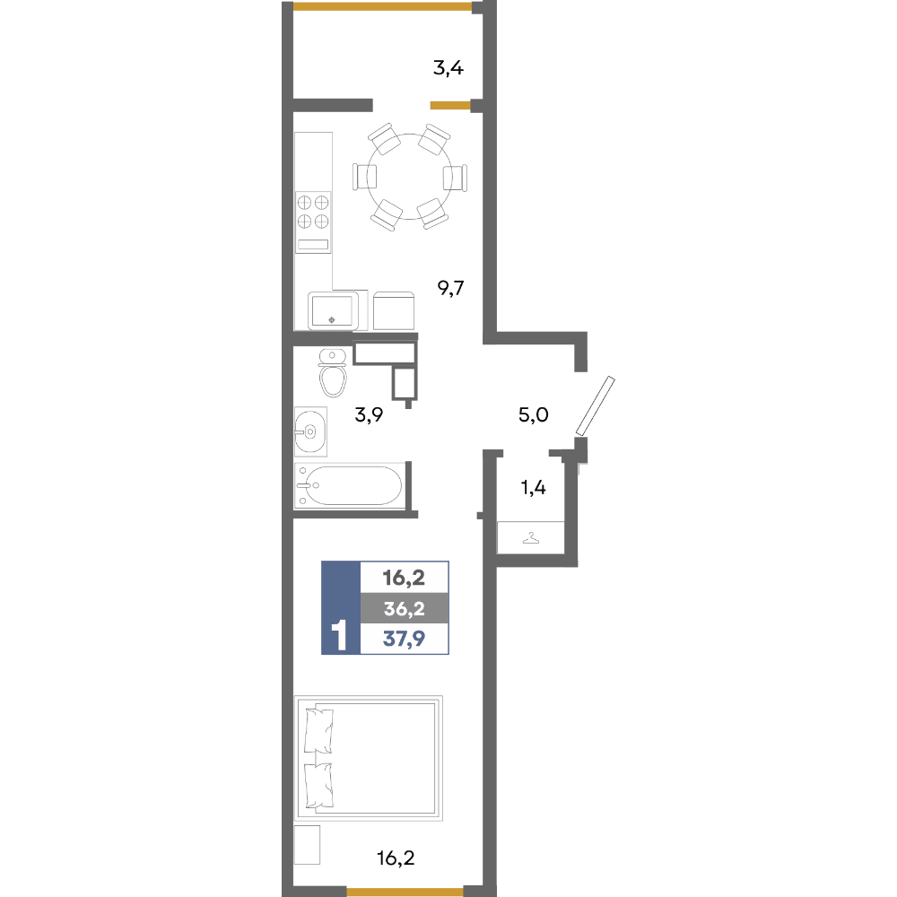 1-к, 37.9 м² · Прогресс