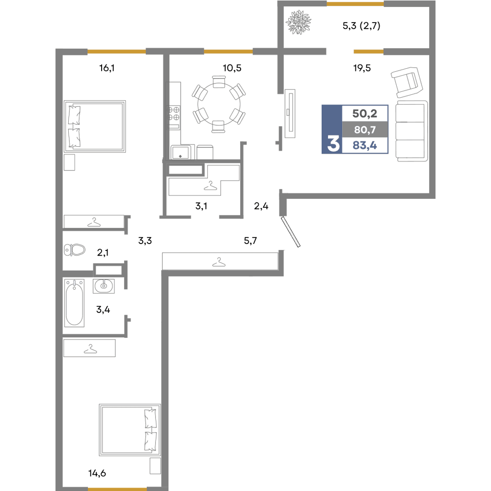3-к, 83.4 м² · Прогресс