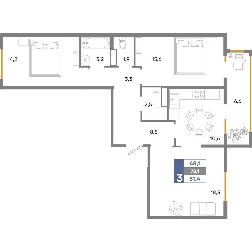 3-к, 81.4 м² · Прогресс