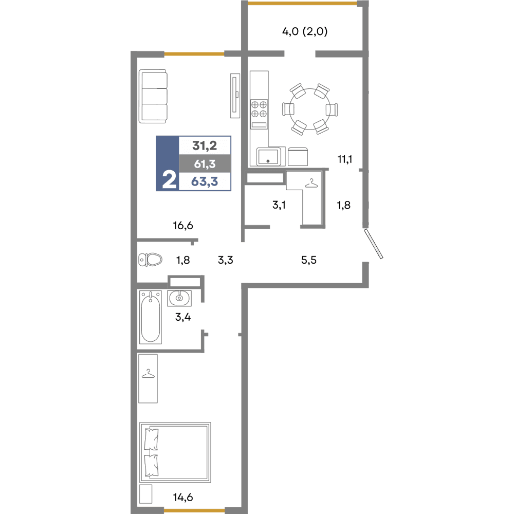 2-к, 63.3 м² · Прогресс