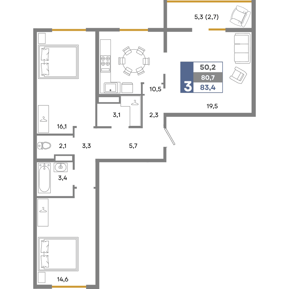 3-к, 83.4 м² · Прогресс