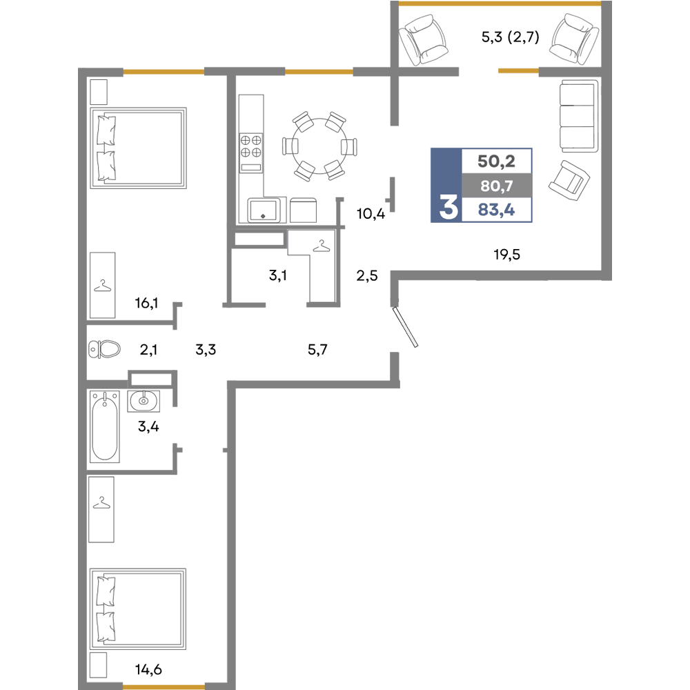 3-к, 83.4 м² · Прогресс
