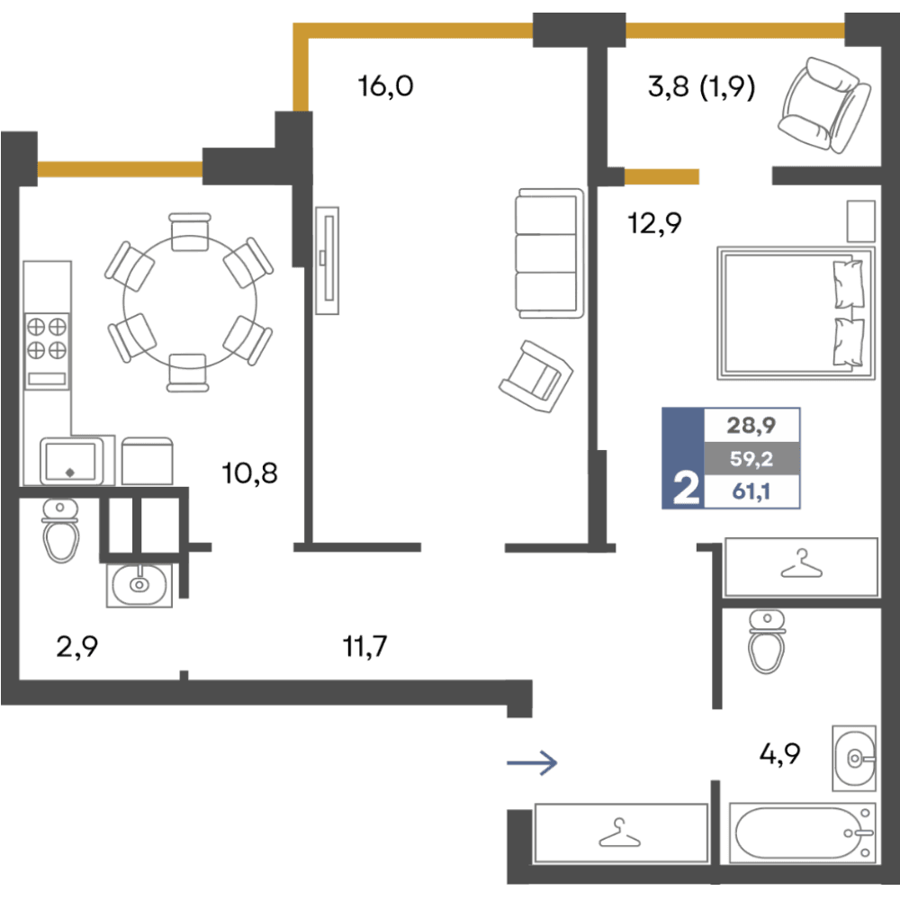 2-к, 61.1 м² · Предгорье