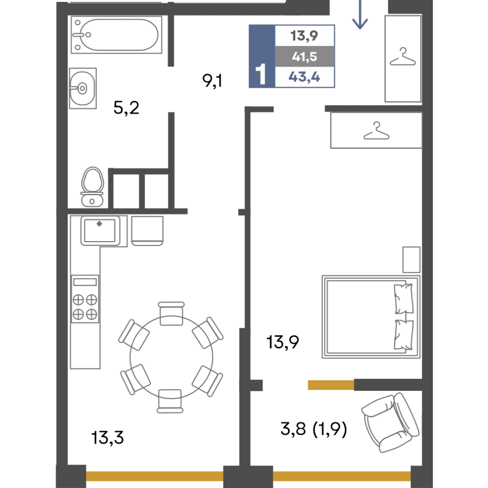 1-к, 43.4 м² · Предгорье