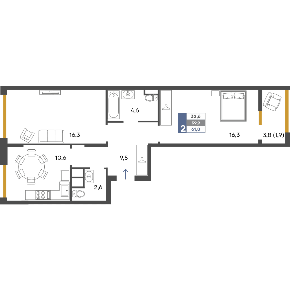 2-к, 61.8 м² · Предгорье