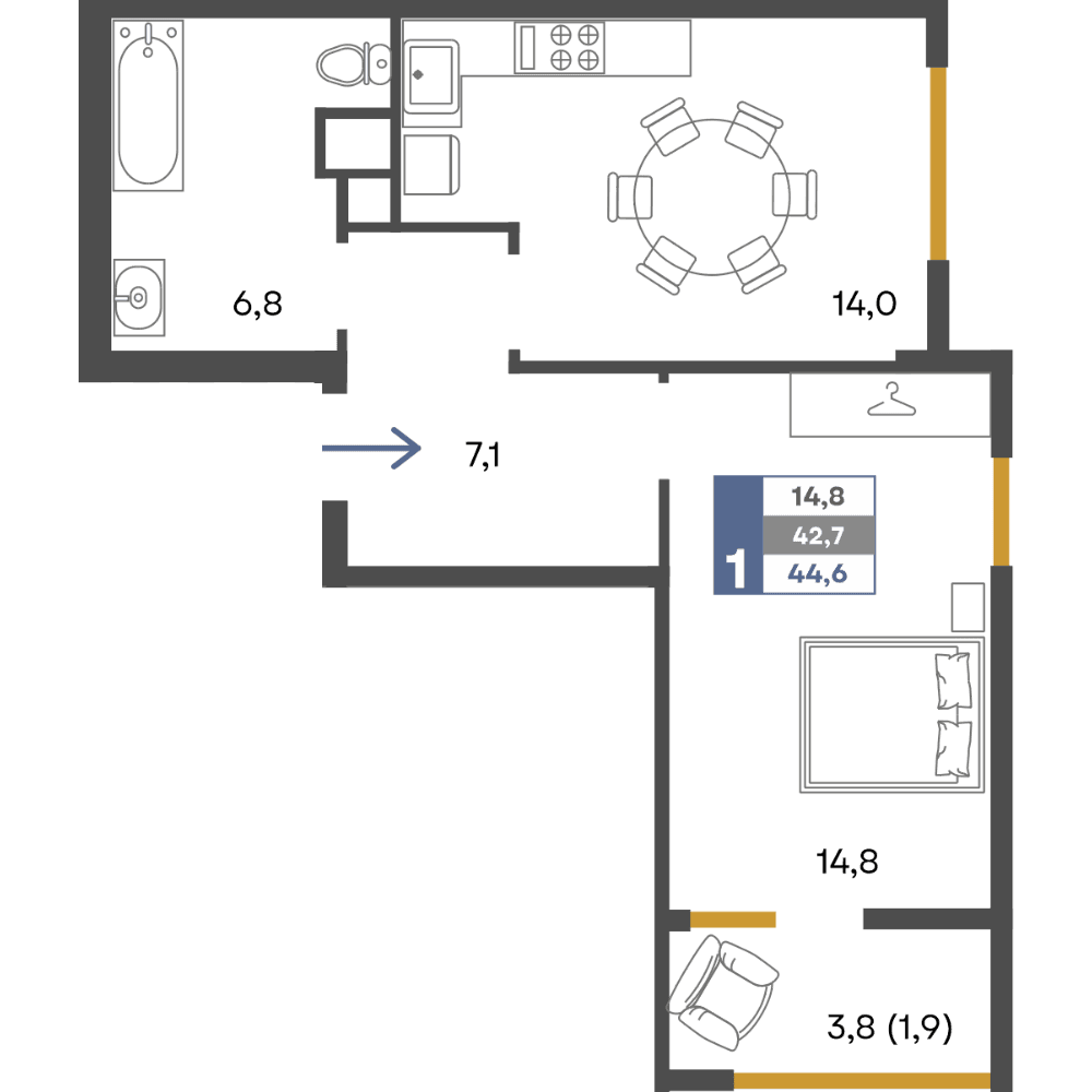 1-к, 44.6 м² · Предгорье