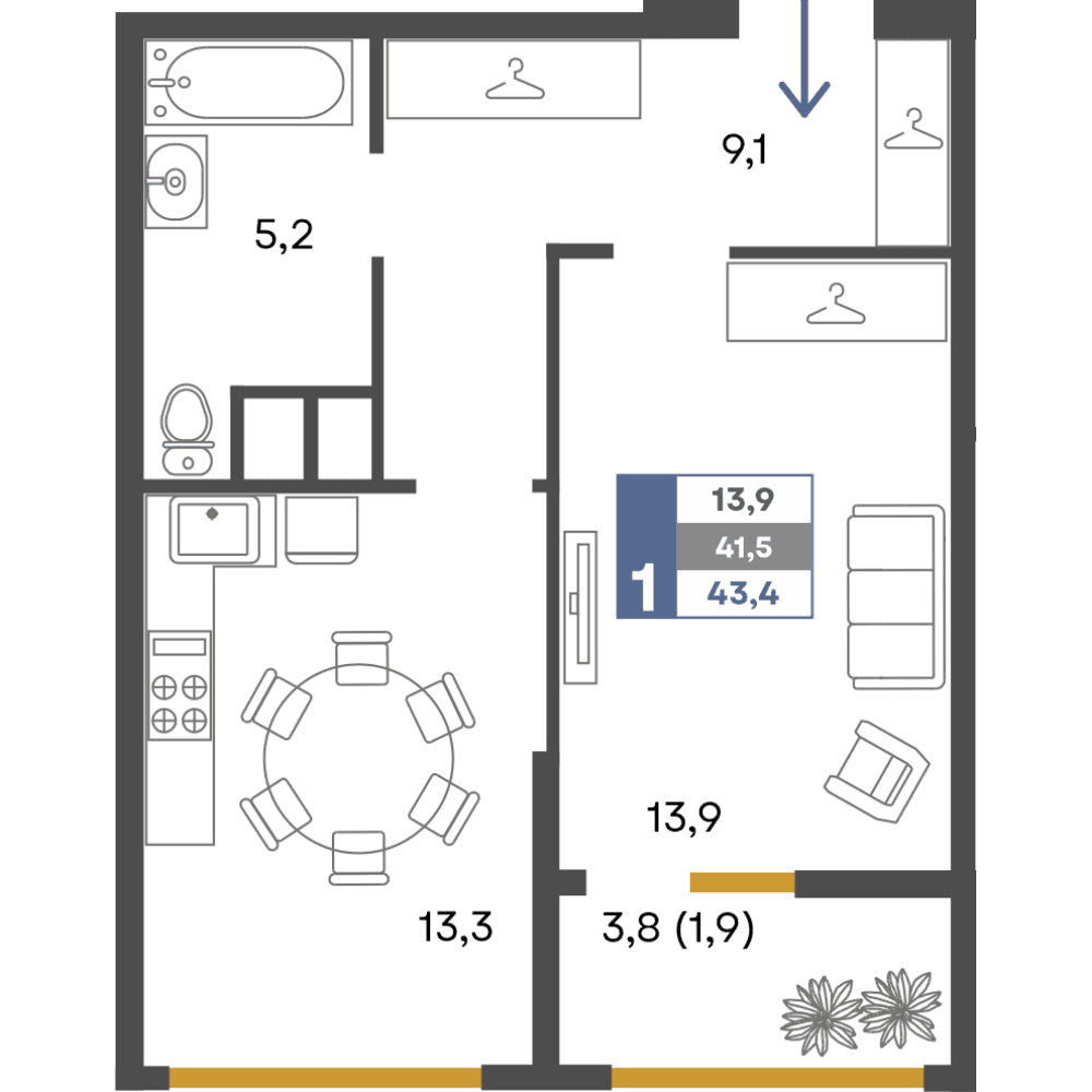 1-к, 43.4 м² · Предгорье