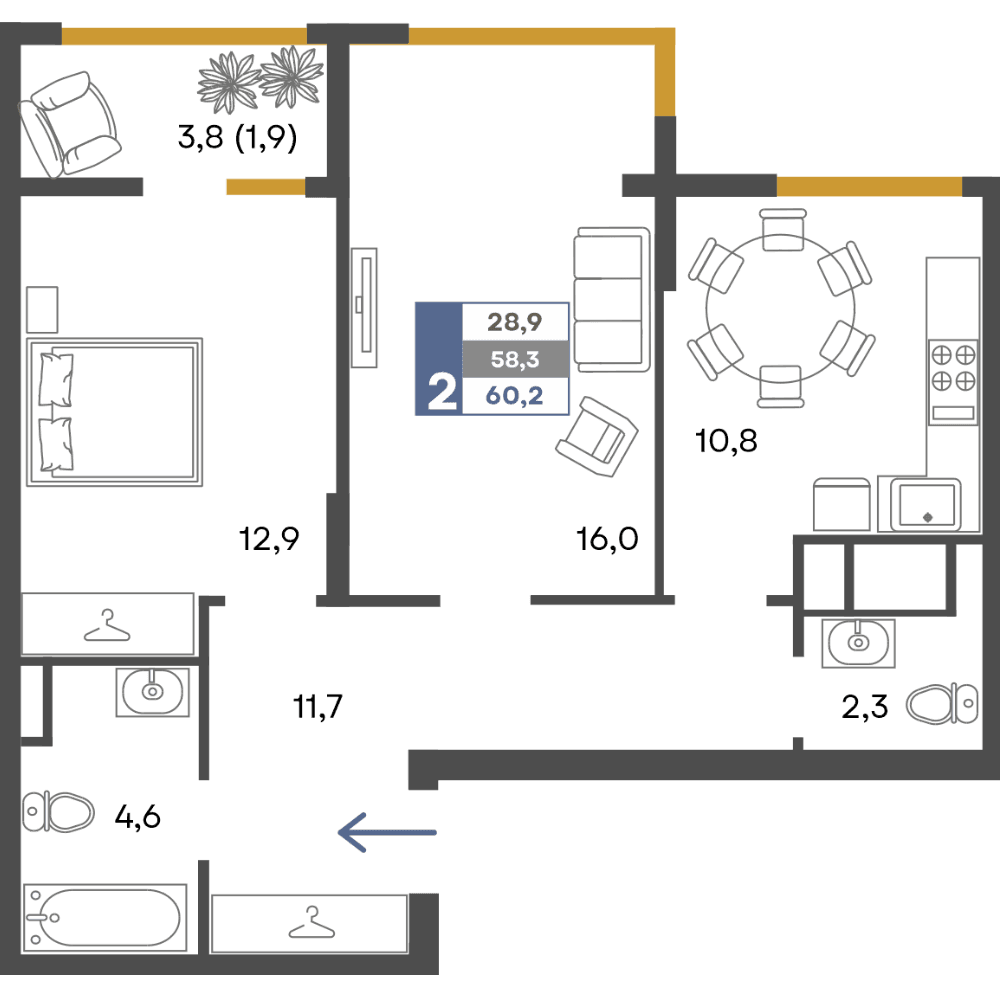2-к, 60.2 м² · Предгорье