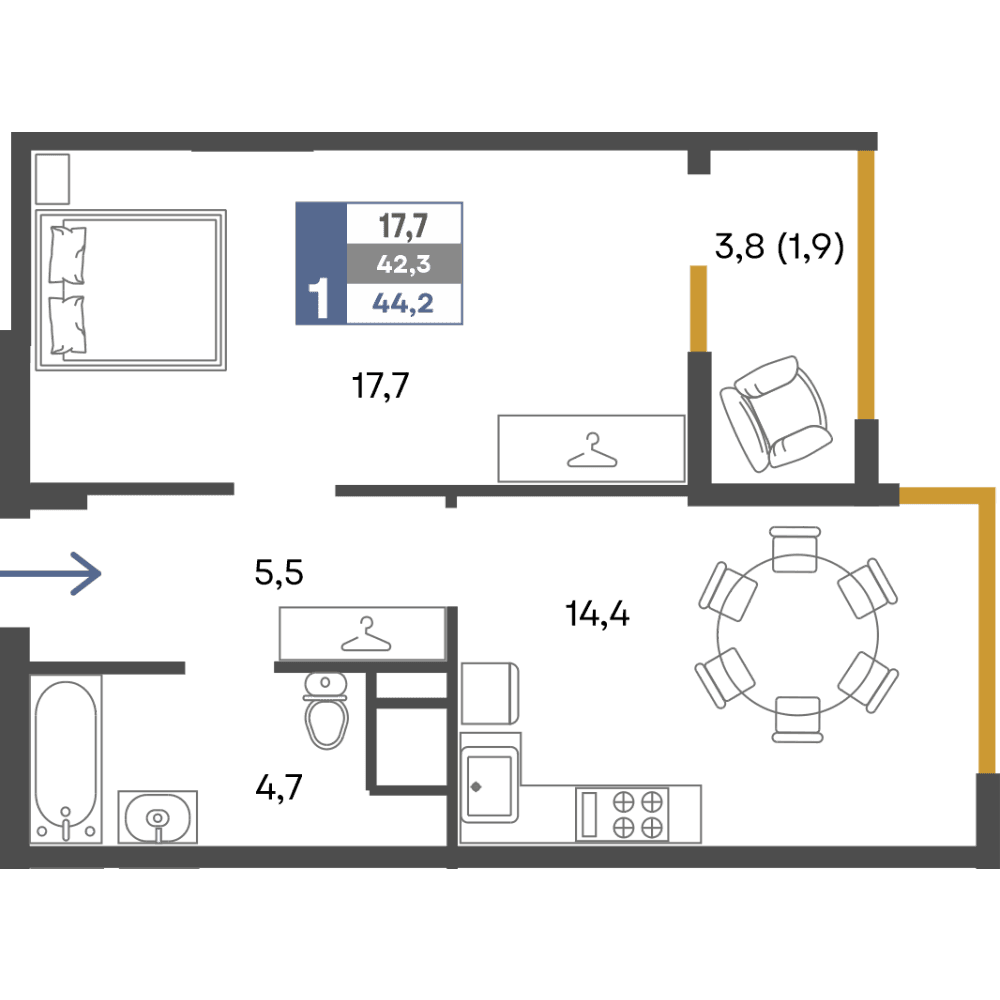 1-к, 44.2 м² · Предгорье