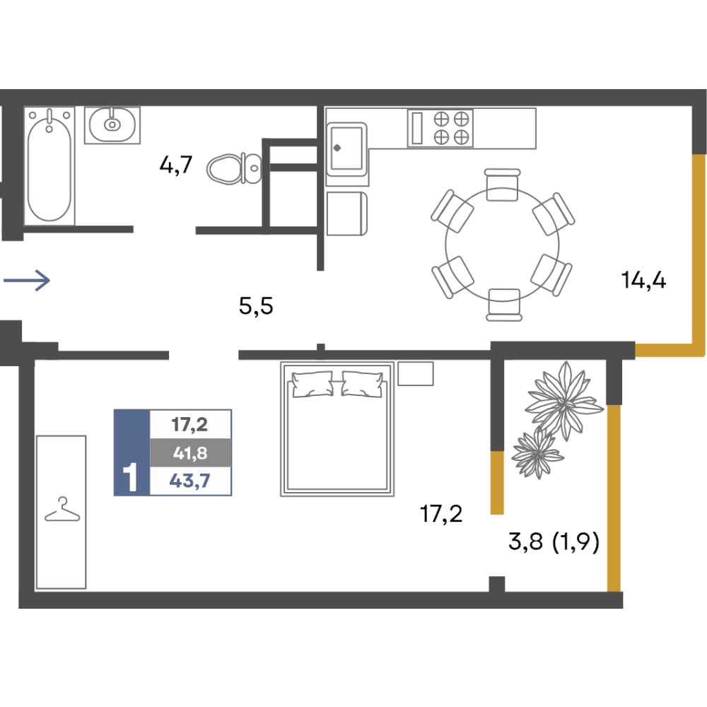 1-к, 43.7 м² · Предгорье