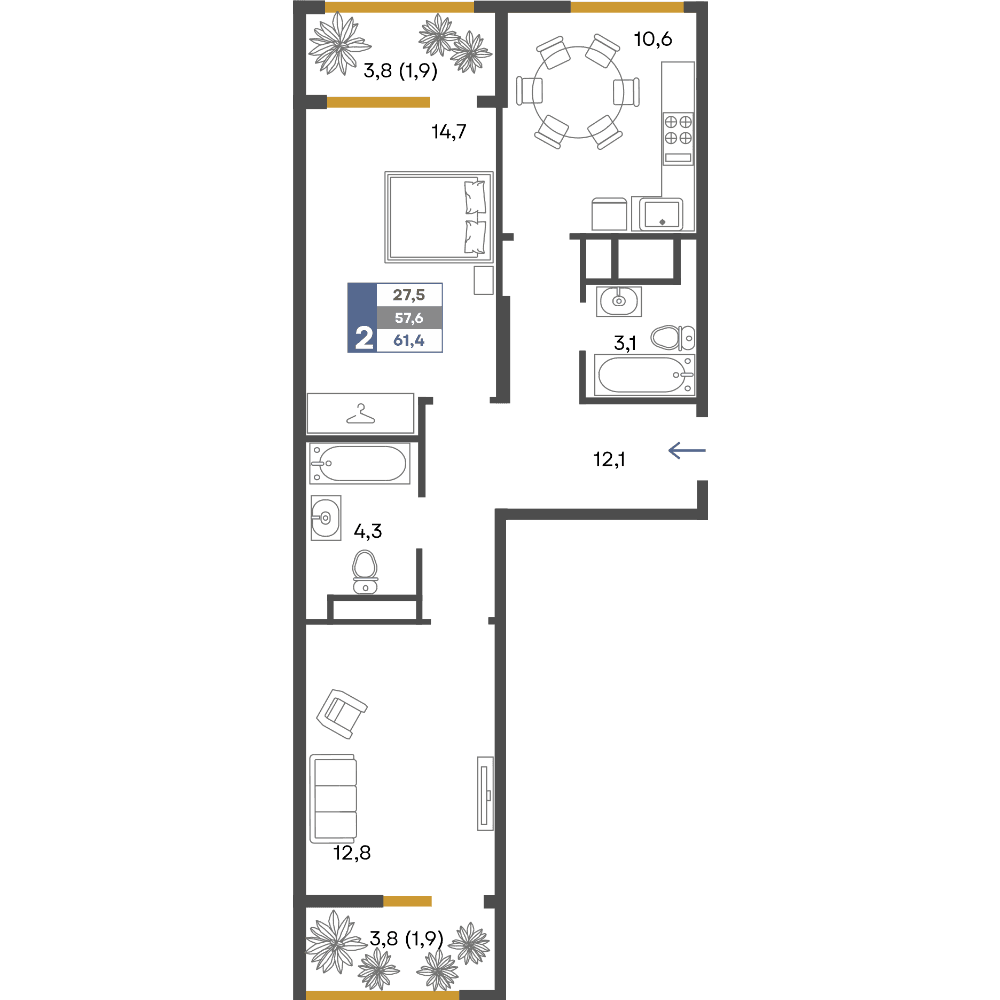 2-к, 61.4 м² · Предгорье