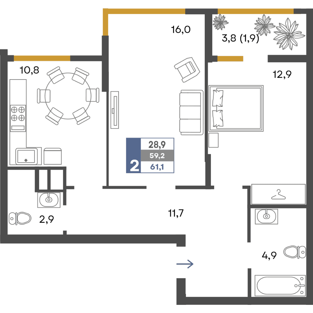 2-к, 61.1 м² · Предгорье