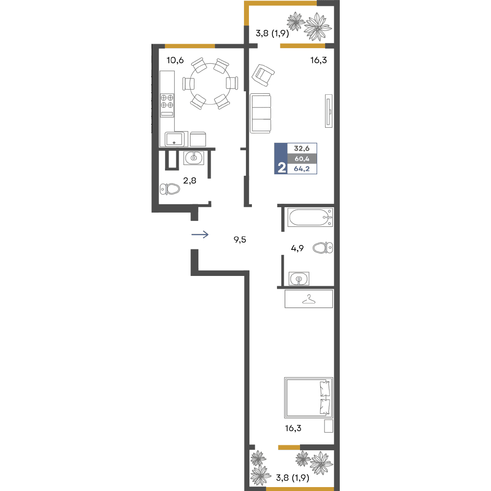 2-к, 64.2 м² · Предгорье