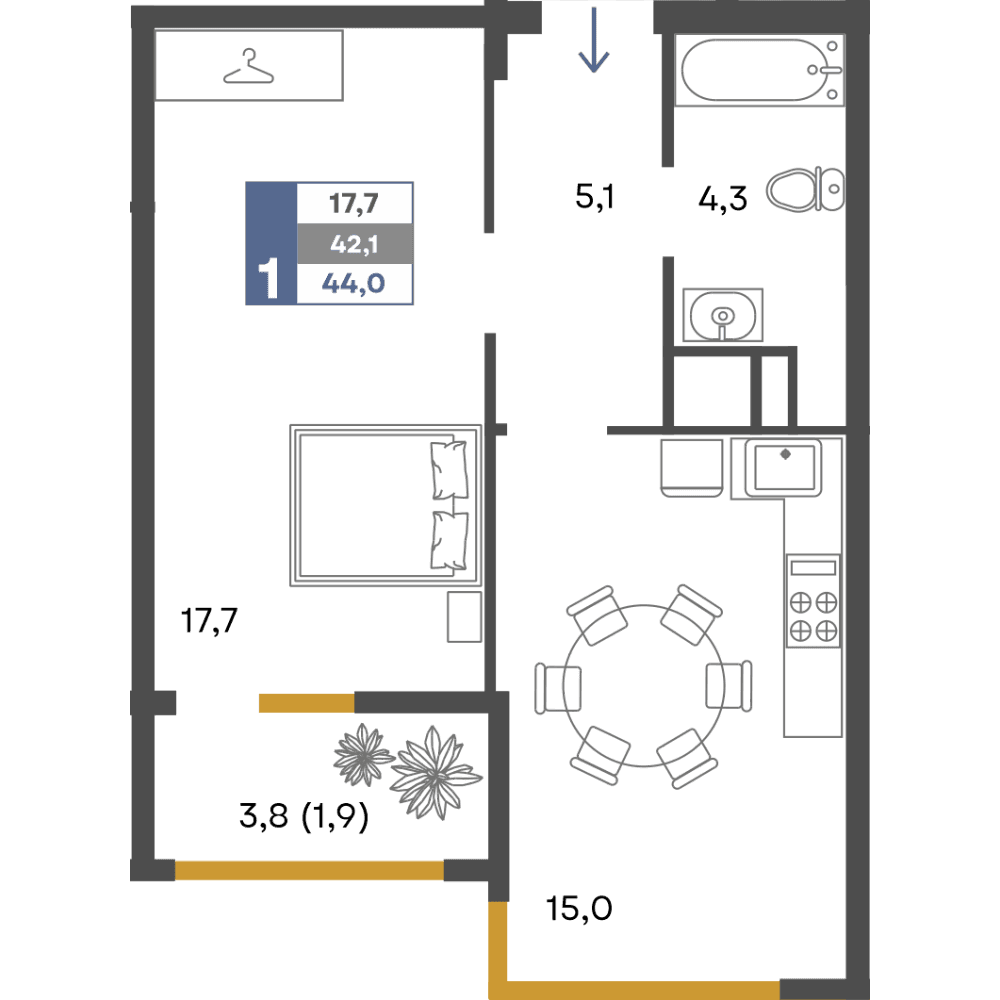 1-к, 44 м² · Предгорье