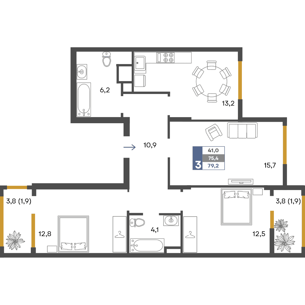 3-к, 79.2 м² · Предгорье