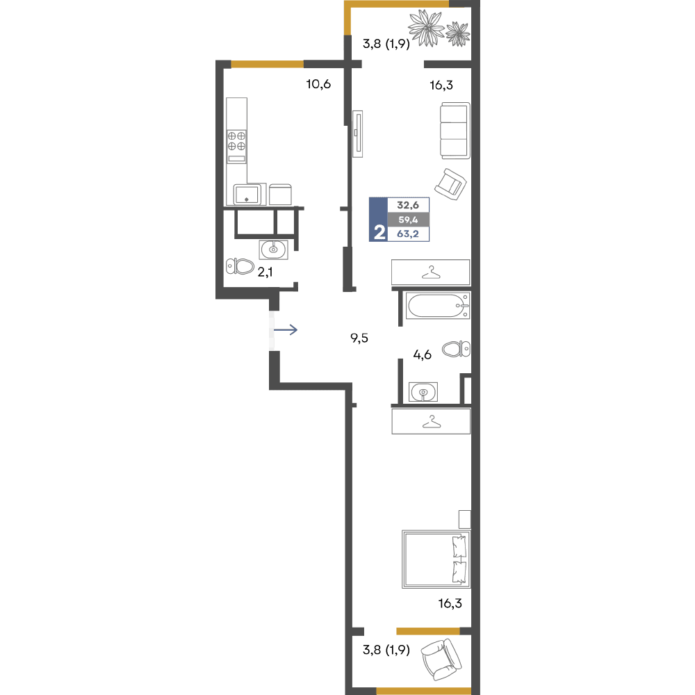2-к, 63.2 м² · Предгорье