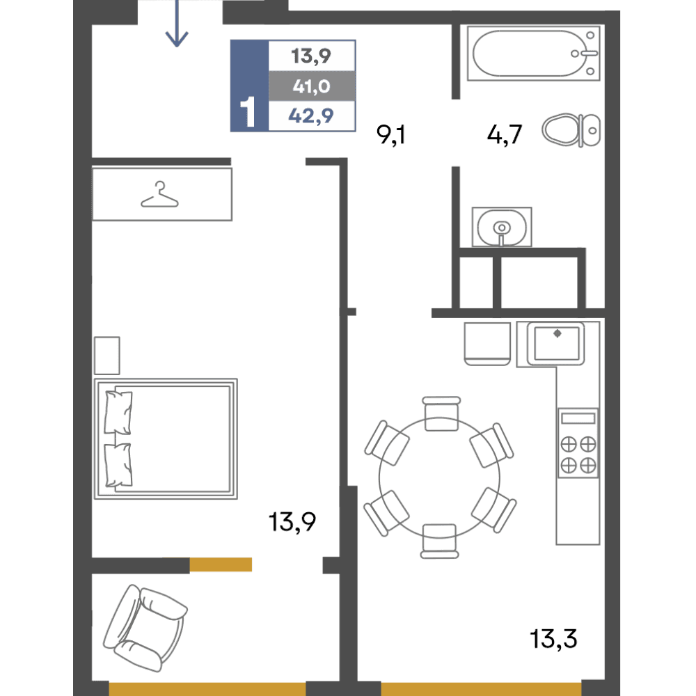 1-к, 42.9 м² · Предгорье