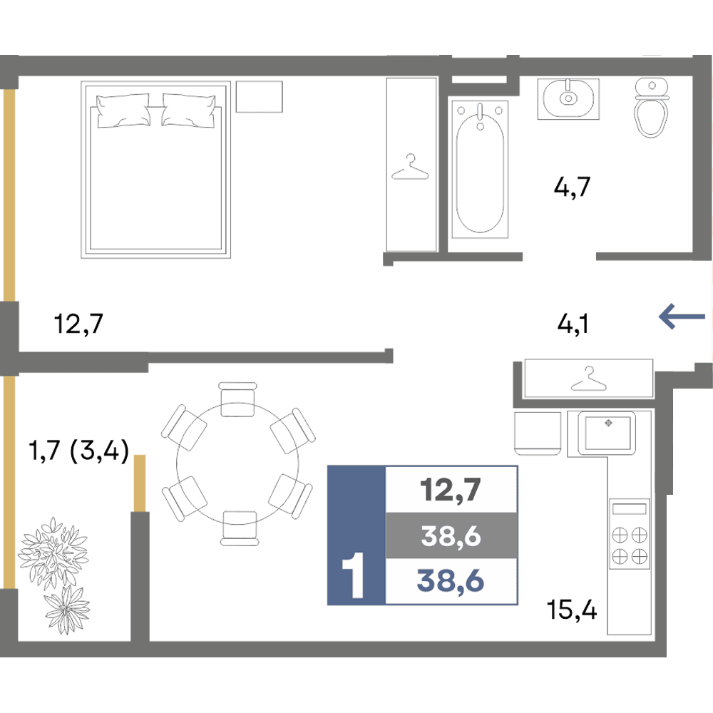 1-к, 38.6 м² · Прогресс