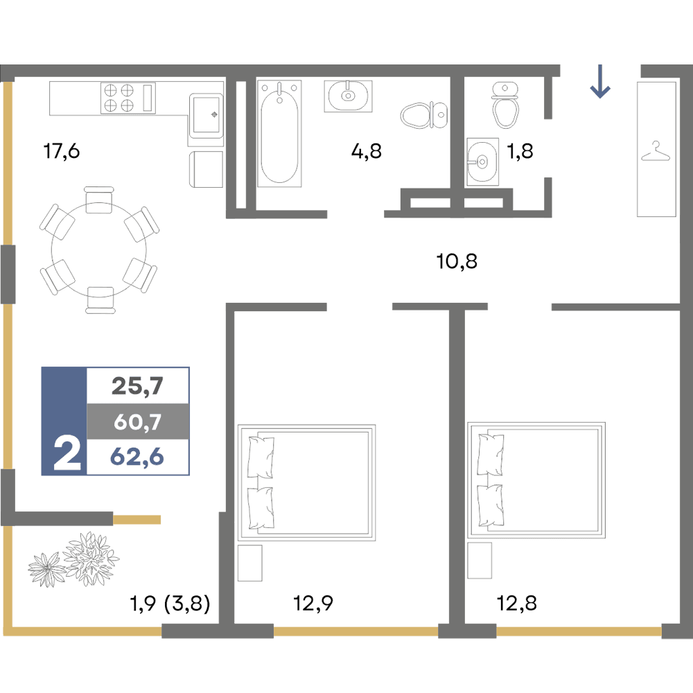 2-к, 62.6 м² · Прогресс