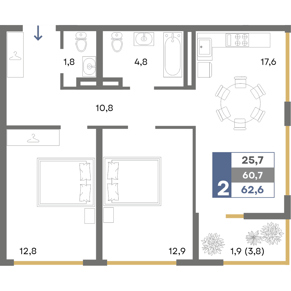 2-к, 62.6 м² · Прогресс