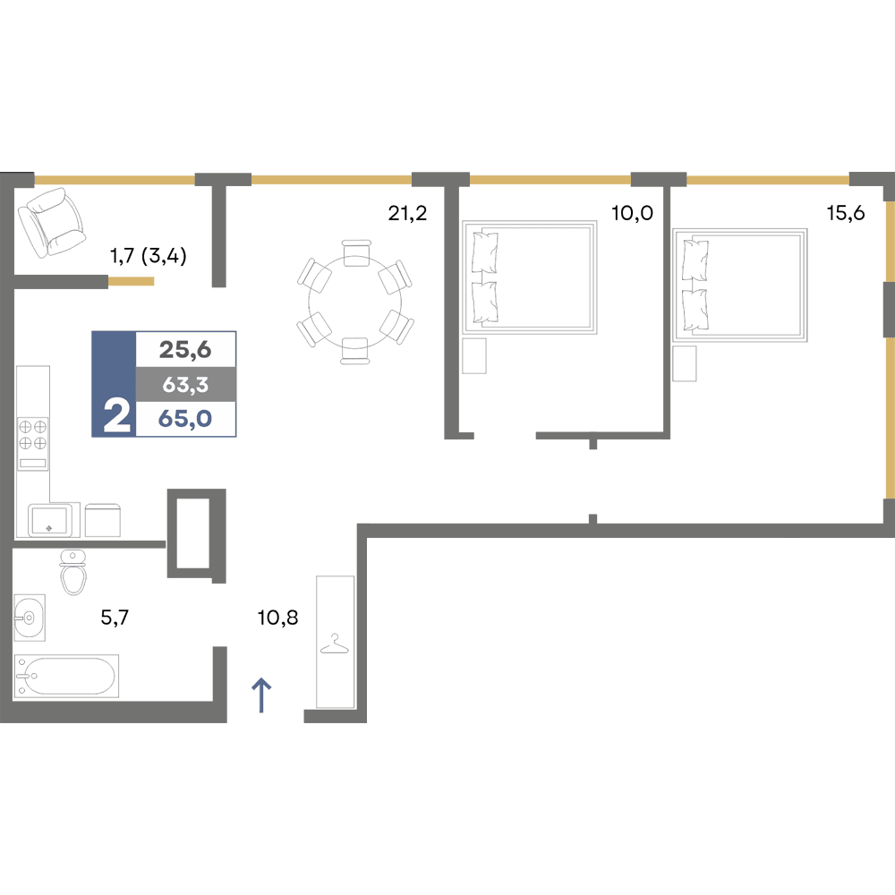 2-к, 65 м² · Прогресс