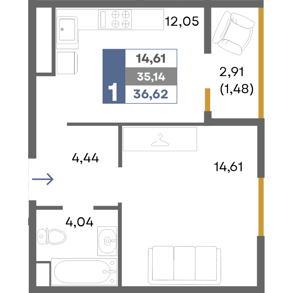 1-к, 36.62 м² · Прогресс