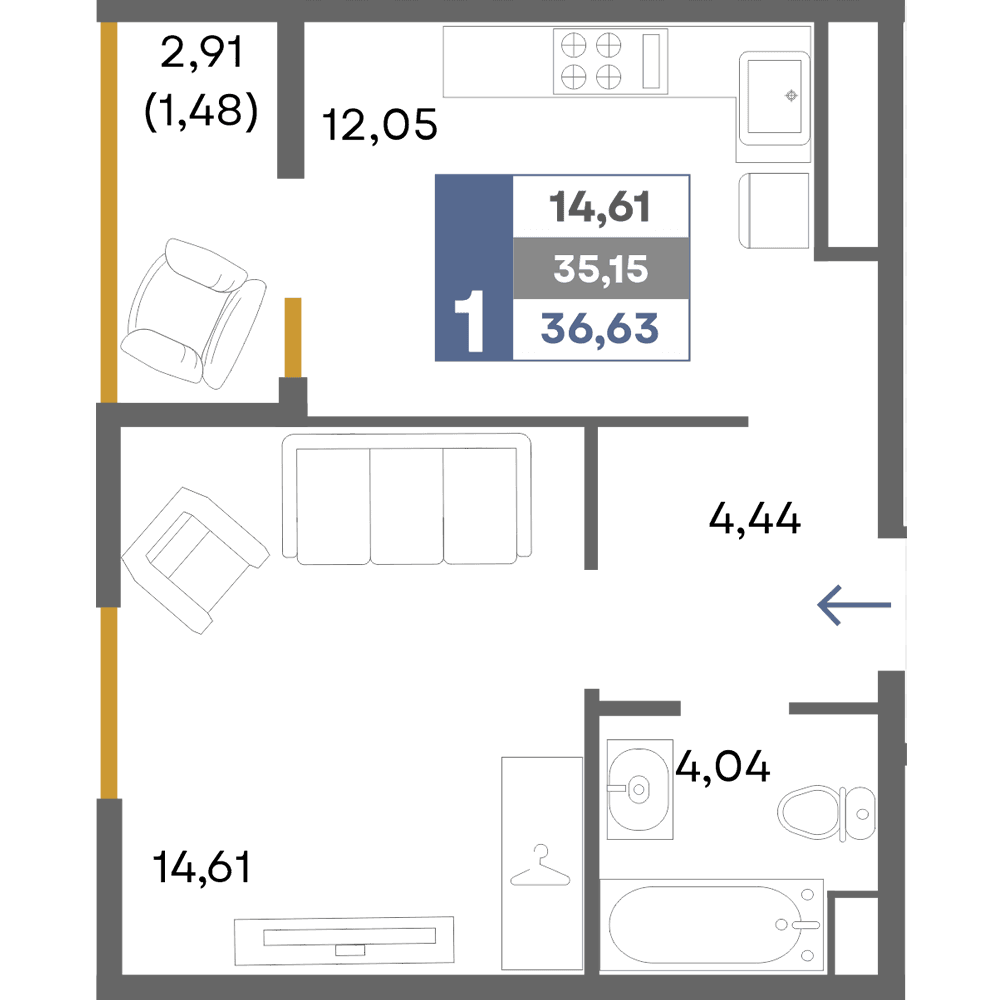 1-к, 36.63 м² · Прогресс