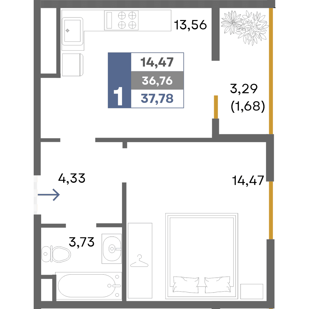 1-к, 37.78 м² · Прогресс