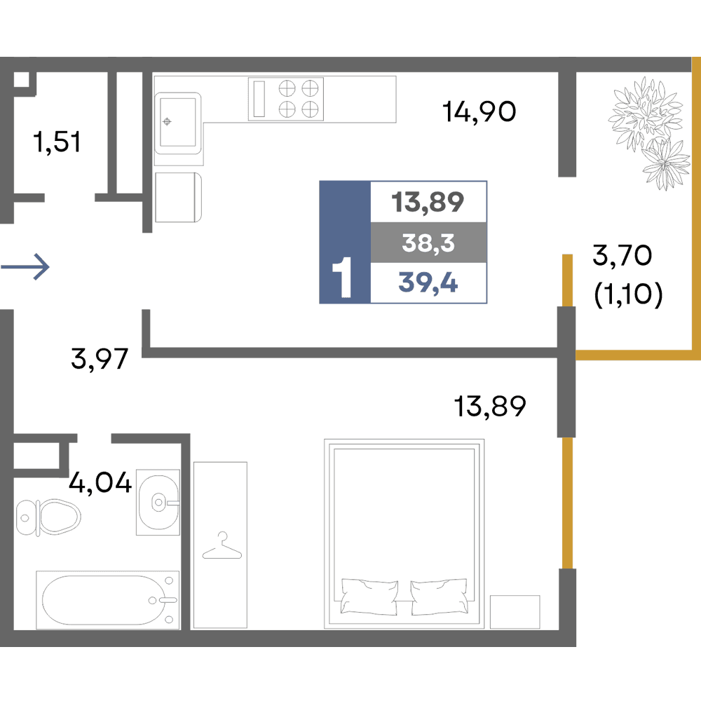 1-к, 39.4 м² · Прогресс