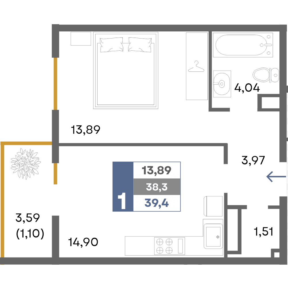 1-к, 39.4 м² · Прогресс
