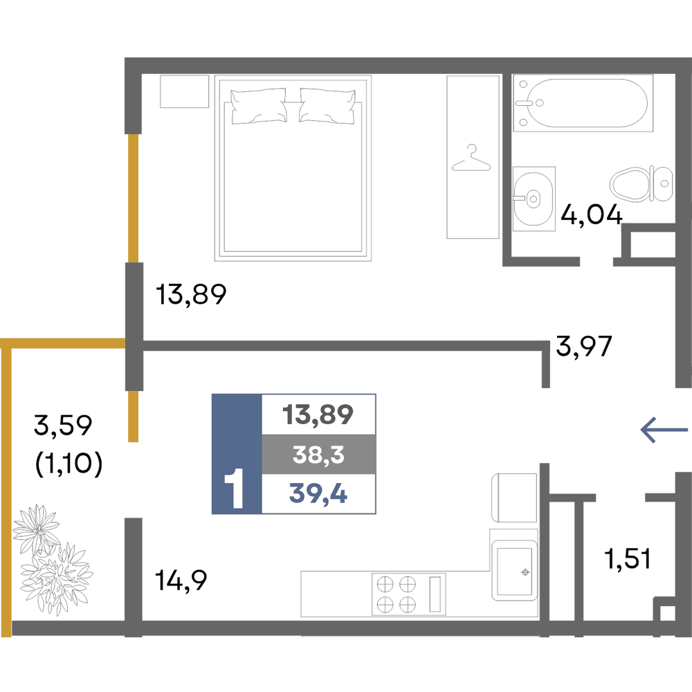 1-к, 39.4 м² · Прогресс