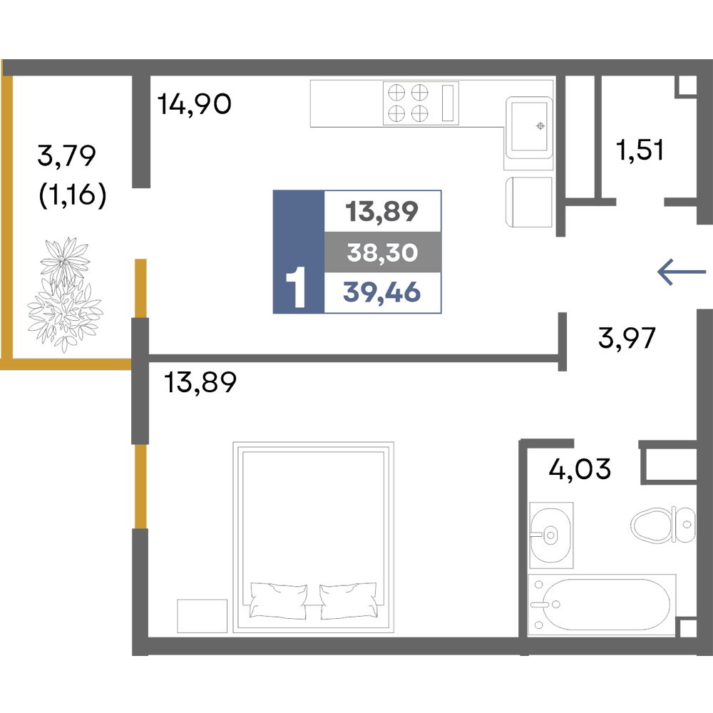 1-к, 39.46 м² · Прогресс