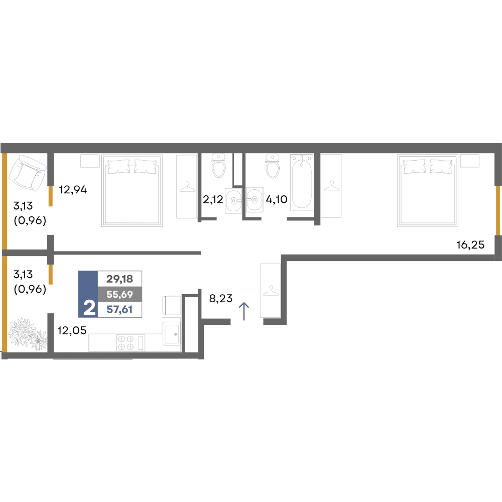 2-к, 57.61 м² · Прогресс