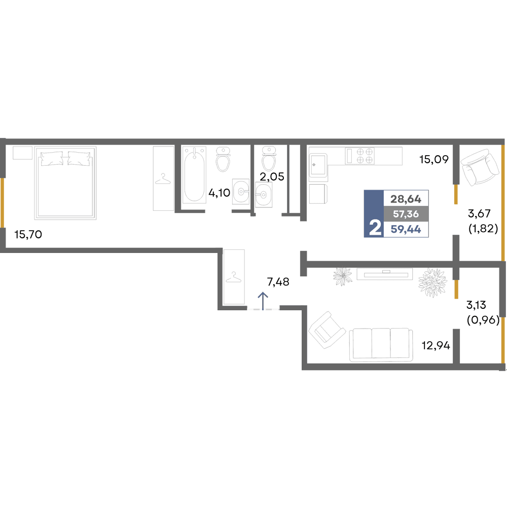 2-к, 59.44 м² · Прогресс