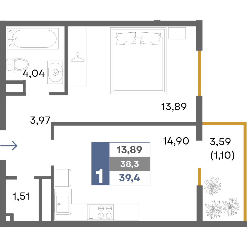 1-к, 39.4 м² · Прогресс