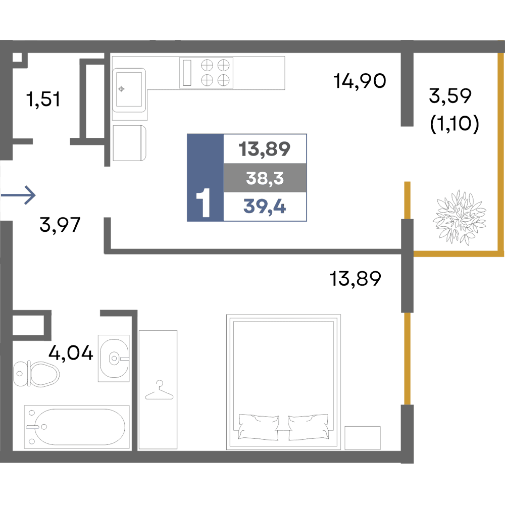1-к, 39.4 м² · Прогресс