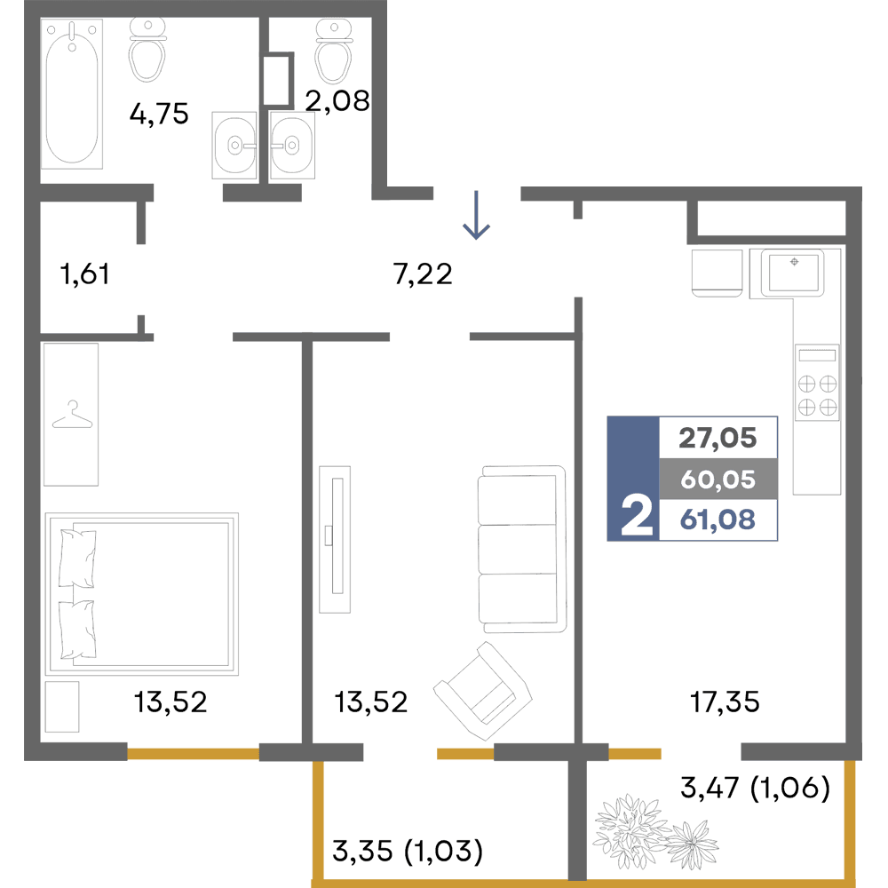 2-к, 61.08 м² · Прогресс
