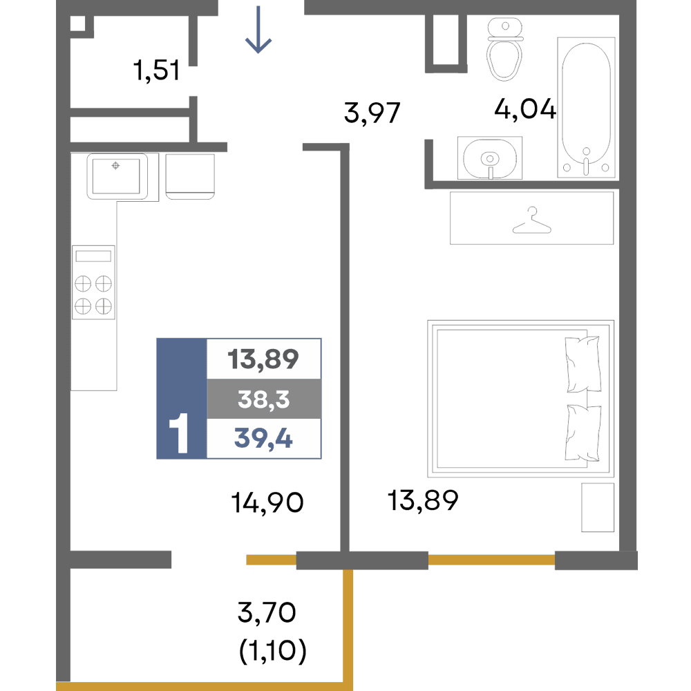 1-к, 39.4 м² · Прогресс
