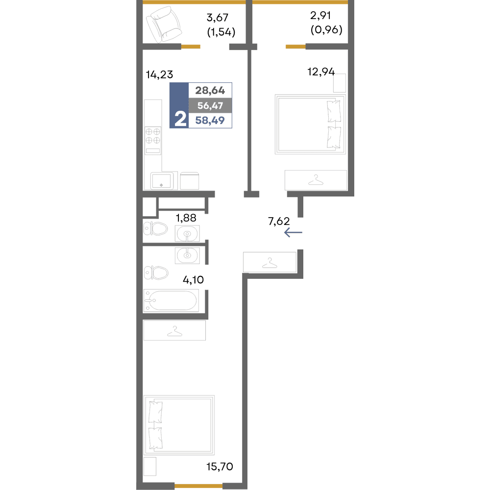 2-к, 58.49 м² · Прогресс